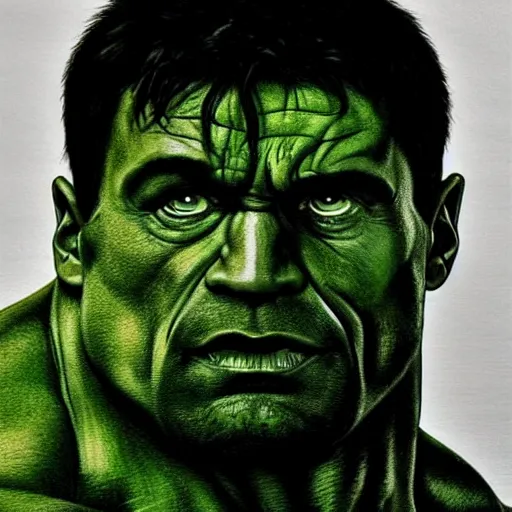 Prompt: ultra realistic detailed pen drawing of the incredible hulk face, the rock, dwayne johnson, marvel cinematic universe, dramatic lighting, fine texture, fine hair strands, green skin, photo realism