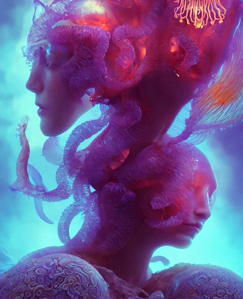 Image similar to goddess close-up portrait. orchid jellyfish phoenix head, nautilus, skull, betta fish, bioluminiscent creatures, intricate artwork by Tooth Wu and wlop and beeple. octane render, trending on artstation, greg rutkowski very coherent symmetrical artwork. cinematic, hyper realism, high detail, octane render, 8k