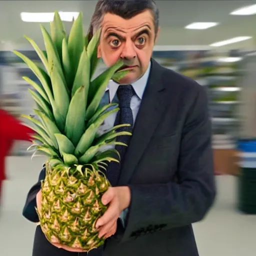 Image similar to rowan atkinson as mr. beans stealing a pineapple from target store, focused face, realistic photo, uhd