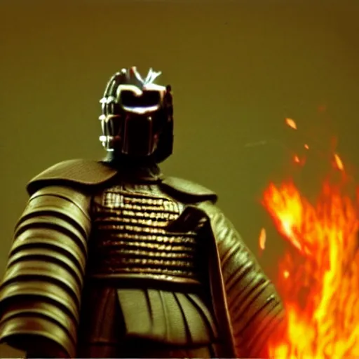 Image similar to cinematic film still MF Doom starring as a Samurai holding fire, Japanese CGI, VFX, 2003, 40mm lens, shallow depth of field,film photography