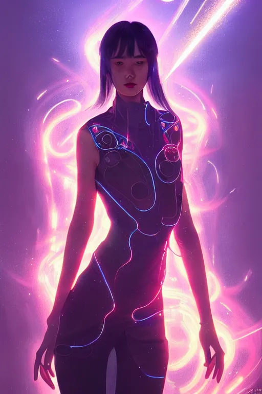 Image similar to portrait futuristic wizard Girl with thunder and fire sparkles and starlight, n future cyberpunk tokyo rooftop , ssci-fi, fantasy, intricate, very very beautiful, elegant, human anatomy, human structure, neon light, highly detailed, digital painting, artstation, concept art, smooth, sharp focus, illustration, art by tian zi and WLOP and alphonse mucha