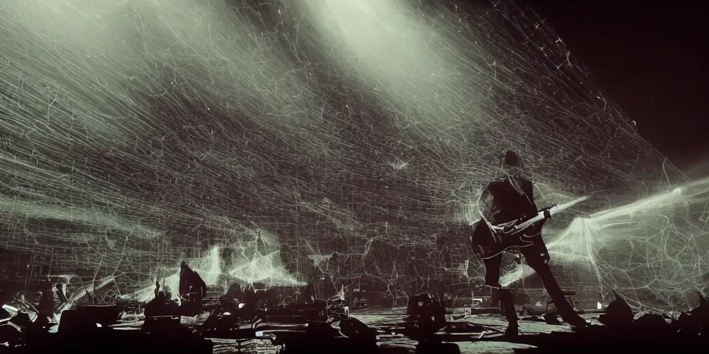 Image similar to dusty Trent Reznor smashing guitars, group of people on stage playing instruments, elaborate stage effects, dust, smoke, giant LED screens, colored projections, ultrafine detail, goth cybersuit, glowing thin wires, smoke, high contrast, projections, a screenshot by David Gilmour Blythe, holography, tesseract, volumetric lighting, anamorphic lens flare