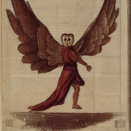 Image similar to humanoid barn owl with wings wearing a roman toga and holding a javelin