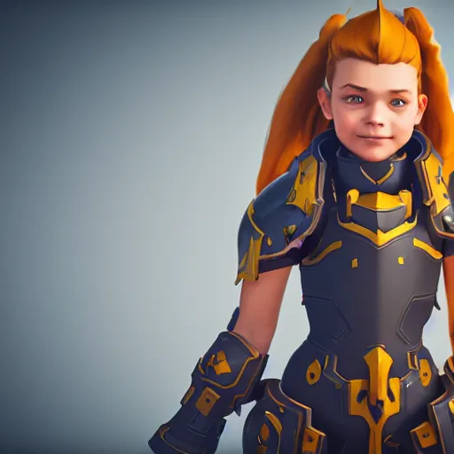 Prompt: a young girl with the appearance and armor of brigitte from overwatch, design, octane render, 4 k, ingame shot