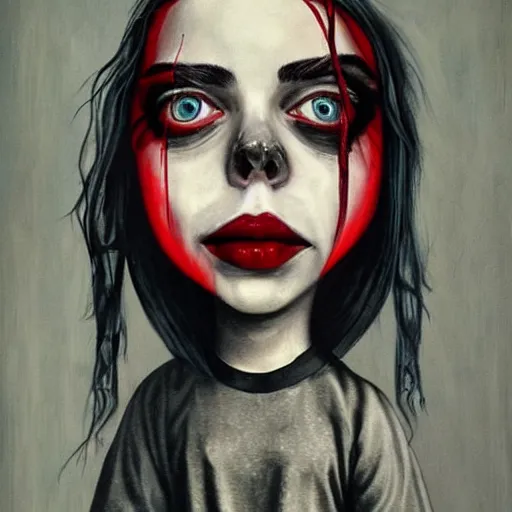 Image similar to grunge painting of billie eilish with her face split down the middle with a wide smile and a red balloon by chris leib, loony toons style, pennywise style, corpse bride style, horror theme, detailed, elegant, intricate