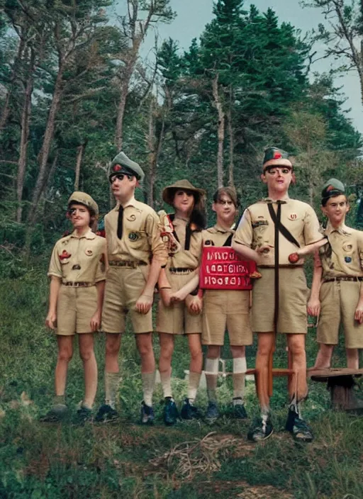 Prompt: scene from Moonrise Kingdom, Wes Anderson, retro, 8k, cinematic, ultra sharp detailed digital art