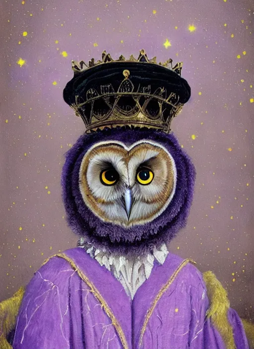 Image similar to close-up portrait of anthropomorphic owl Prince, man with a head of barn owl, glowing eyes, in a crown, soft glowing, wearing long royal robe, lilac, silver, black, bokeh, blurred space, stars, dreamy, romantic, painting in the museum, highly detailed, sharp focus, digital painting, artwork, by John James Audubon by Victor Adame Minguez by Yuumei by Tom Lovell by Sandro Botticelli