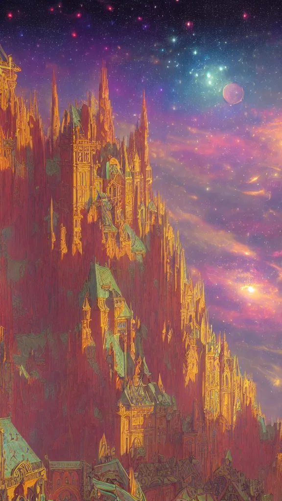 Image similar to a beautiful highly detailed matte painting of colorful castle nebulas by moebius, alphonse mucha, stars in the background, highly detailed, intricate design, 8 k resolution, octane render, trending on artstation and cgsociety