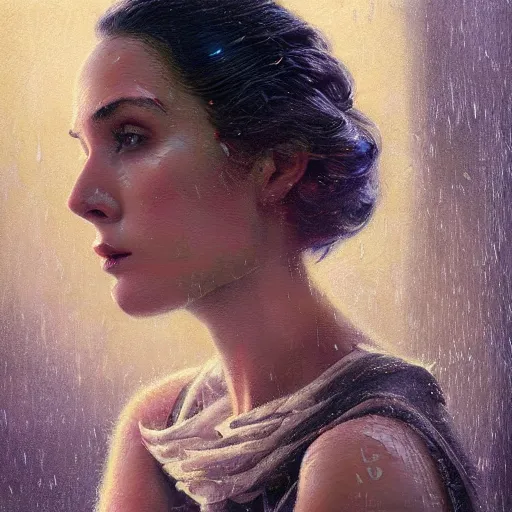 Image similar to detailed face of a woman clothed wrapped in textiles, lush, opulent, fauna, utopian, tech noir, turbine, wet reflections, prism, atmospheric, ambient, pj crook, syd mead, livia prima, artgerm, greg rutkowski, nick alm, casey baugh