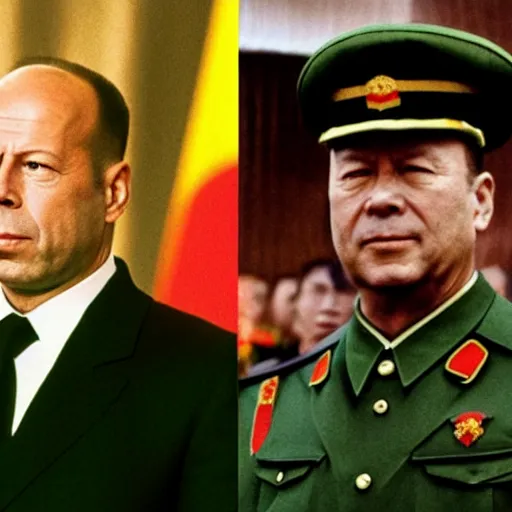 Image similar to Bruce Willis as Mao Zedong, leader of China. He is dressed like a military dictator, and is in a conference with Soviet Leaders in Siberia.