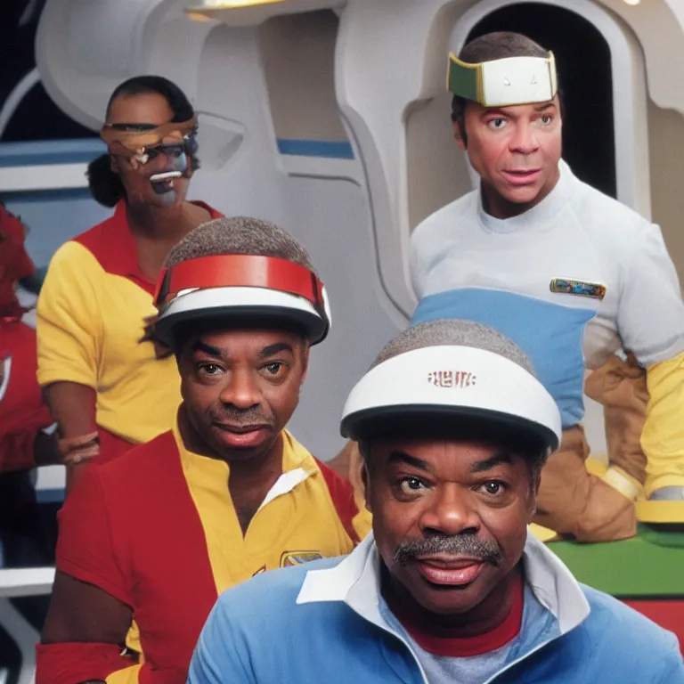 Image similar to levar burton wearing retro visor and frisbees and plastic mixing bowls on his head on the starship enterprise