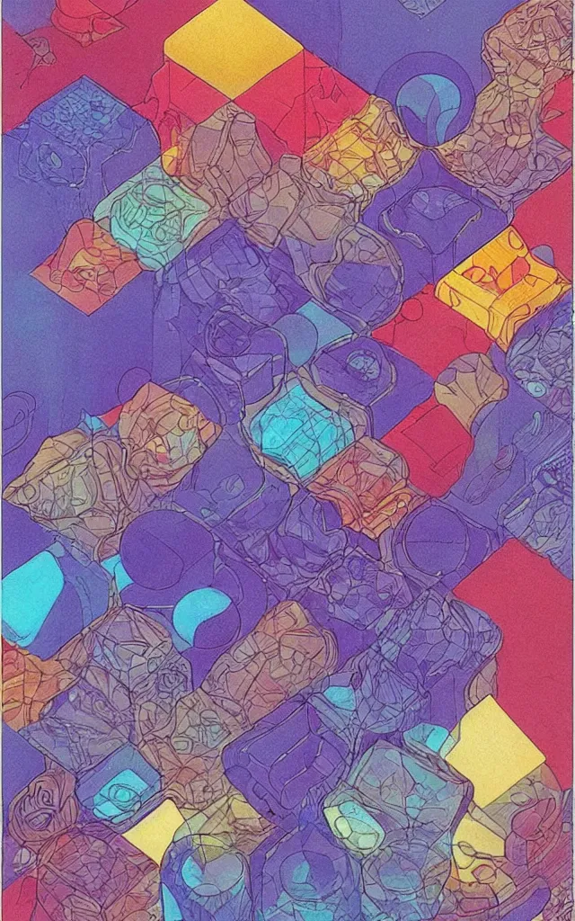 Prompt: cubes and tesseracts. retro art by jean giraud. pastel colors.