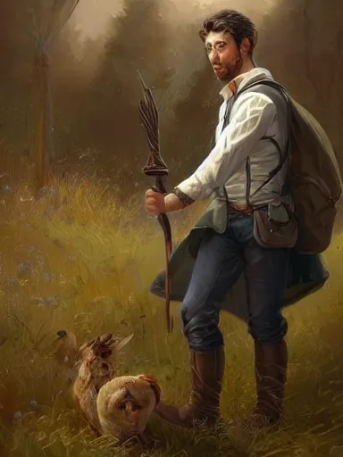 Image similar to a handsome lad, holding a adorned cane. walking in a rural area. intricate, elegant, highly detailed, digital painting, artstation, concept art, sharp focus, illustration, by justin gerard and artgerm, 8 k