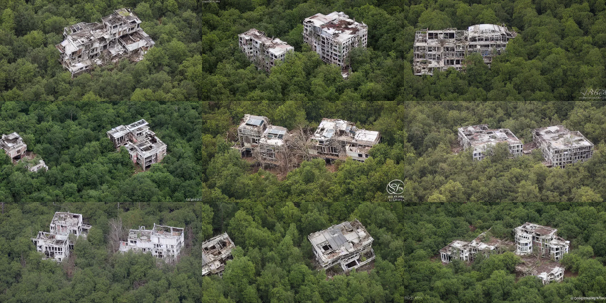 Prompt: aerial view of an Abandoned Glass Mansion, located near the forest in Leesburg, has been vacant for well over a decade. The mansion, once a hive of social activity, now stands empty, slowly accepting encroaching vines and decay into its landscape. It was built in the 1980s and decommissioned in 2003. The stunning estate’s standout features include a garage that can house up to 6 cars, a full bar, and an indoor shooting range that can also double as a panic room. Many rumors surround this location, including the presence of a drug lord or an Arabian prince, but locals believe the owner simply went bankrupt and left.