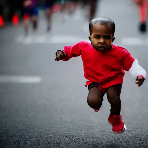 Image similar to portrait of midget kanye west running in a marathon, sharp focus, 4 k editorial photograph, soft lighting, shallow depth of field, people out of focus