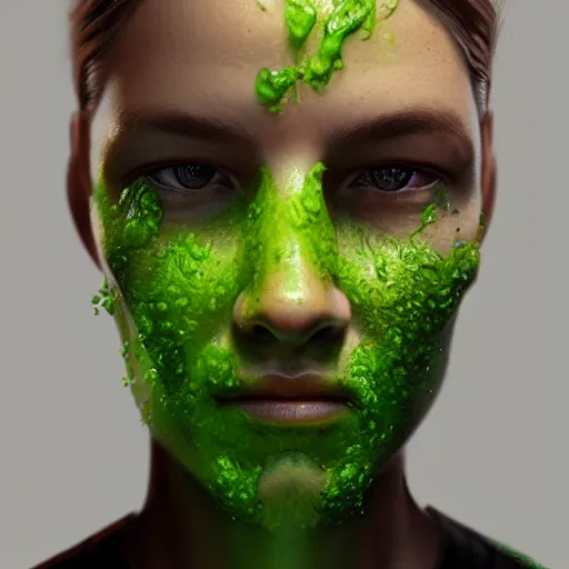 Prompt: face with green goo on it hyperrealistic portrait, photo realistic, poster, artstation, volumetric lighting, digital art, very detailed face by magali villeneuve