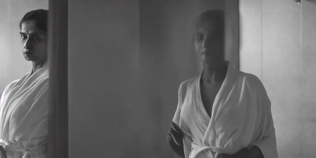 Image similar to sri lankan woman in the bathroom, wearing a bath robe, film still, psycho thriller movie style