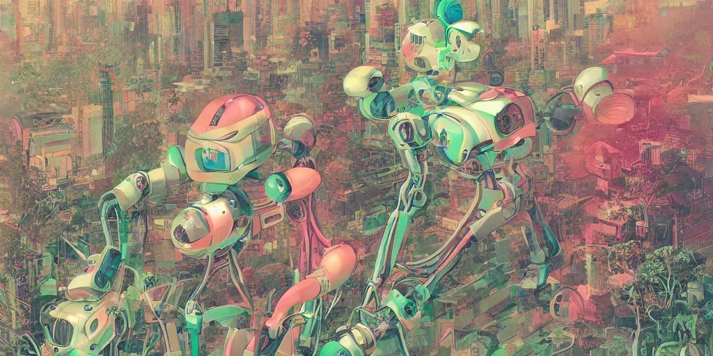 Image similar to gigantic robotic transparent robots with lasers with human faces catch tiny robots, a lot of exotic plants around, big human faces everywhere, helicopters and tremendous birds, risograph by satoshi kon and moebius, no text!, matte bright colors, surreal design, super - detailed, a lot of tiny details, fullshot