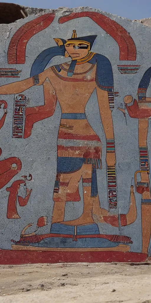 Image similar to egyptian mural of elon musk with ancient car