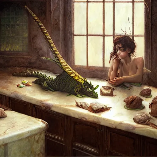 Image similar to prompt chocolate dragon, sleeping on the kitchen counter of a magical bakery, oil painting, by Fernanda Suarez and Edgar Maxence and greg rutkowski