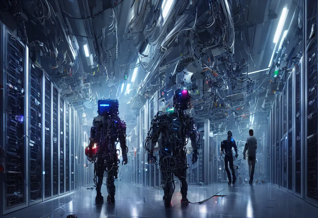 Prompt: shot of film cyborg walking in detailed server room in data center, character design, vivid color, complementary color, detailed, high quality, correct composision, correct perspective, trending on artstation, volumetric lighting, dramatic lighting by yoichi hatakenaka, cyberpunk art by asher brown durand