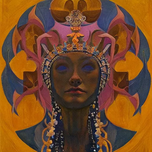 Prompt: crown of shadows, by Annie Swynnerton!! and Nicholas Roerich! and (((((( Diego Rivera)))))), bioluminescent skin!, elaborate costume, geometric ornament, symbolist, rich colors, dramatic lighting, smooth, sharp focus, extremely detailed