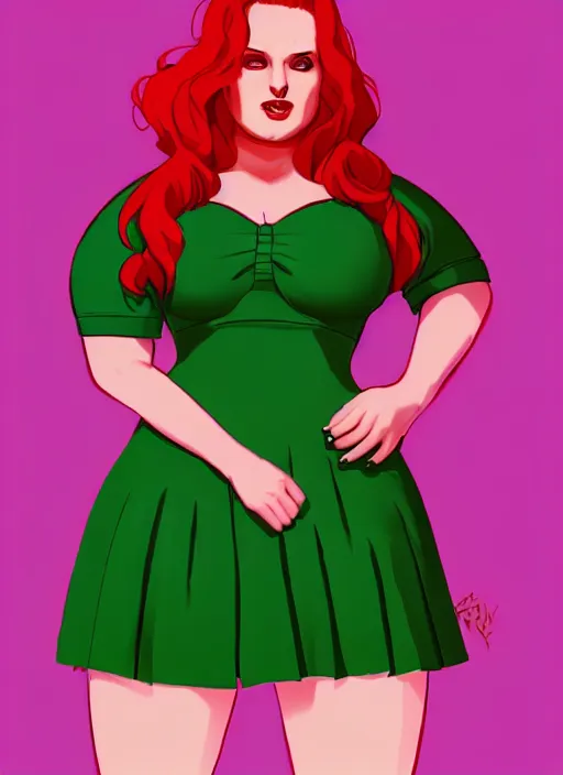 Image similar to full body portrait of teenage cheryl blossom, obese, bangs, green eyes, sultry, realistic, red hair, sultry smirk, wavy hair, pink skirt, fat, intricate, elegant, glowing lights, highly detailed, digital painting, artstation, concept art, smooth, sharp focus, illustration, art by wlop, mars ravelo and greg rutkowski