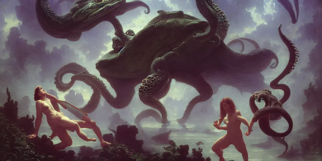 Image similar to Fantasy fairytale story, Great Leviathan Turtle, cephalopod, Cthulhu Squid, Mysterious Island, center Universe, accompany hybrid, Mystical, Anubis Warrior Boy, Reptilian Cyborg, Atlantean, intense fantasy atmospheric lighting, hyperrealistic, William-Adolphe Bouguereau, François Boucher, Jessica Rossier, Michael Cheval, michael whelan, Cozy, hot springs hidden Cave, Forest, candlelight, natural light, lush plants and flowers, Spectacular Mountains, bright clouds, luminous stellar sky, outer worlds, Golden dapple lighting, Solar Flare Unreal Engine, HD,