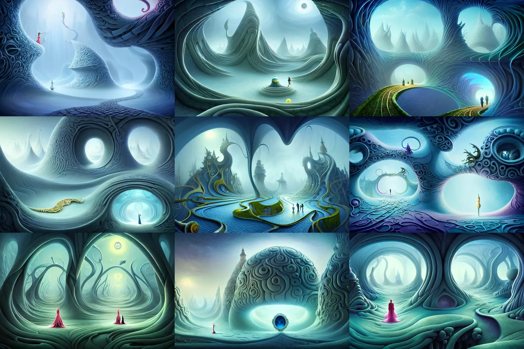 Prompt: a whimsical elite masterpiece mysterious science fantasy matte painting of a winding path through arctic dream worlds with surreal architecture designed by heironymous bosch, structures inspired by heironymous bosch's garden of earthly delights, surreal ice interiors by cyril rolando and natalie shau, insanely detailed and intricate, elegant, spirits of the wind