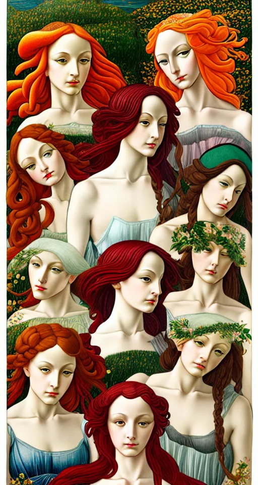 Image similar to 12 figures, representing the 4 seasons, (3 as Spring), (3 as Summer), (3 as Autumn) and (3 as Winter), in a mixed style of Botticelli and Æon Flux, inspired by pre-raphaelite paintings, shoujo manga, and Möbius, stunningly detailed, elaborate inking lines, pastel colors, 4K photorealistic