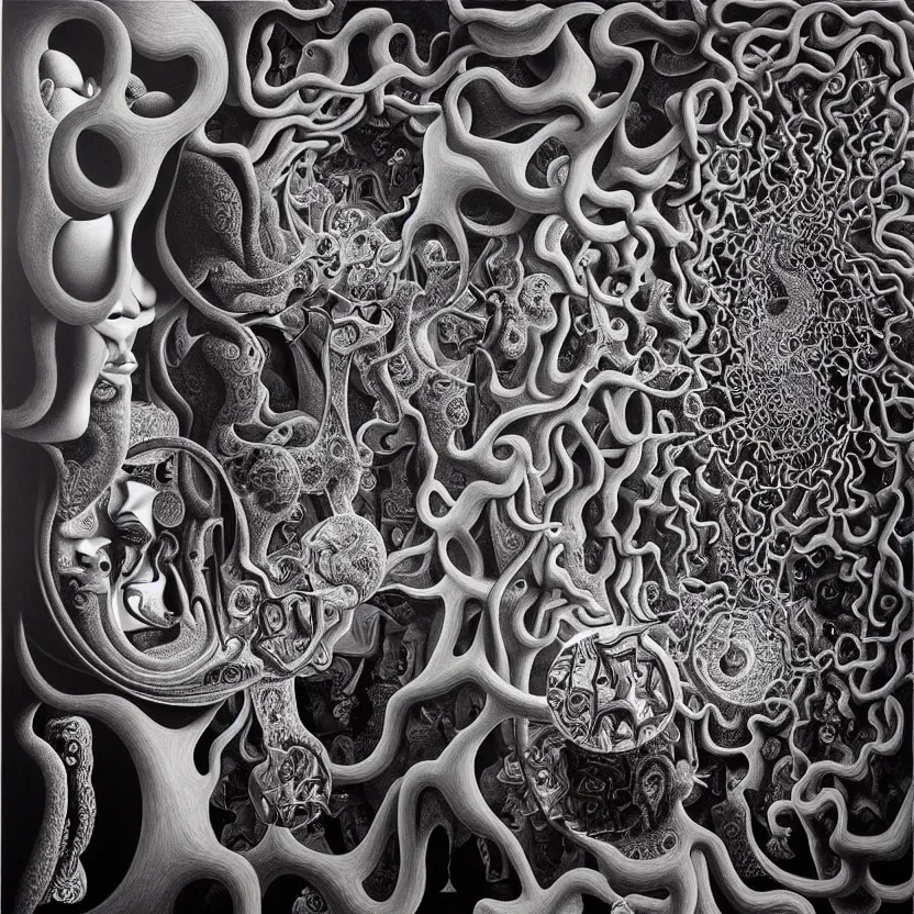 Image similar to infinite fractals of darkness, recursion, surreal, by salvador dali and mc escher and alex grey, oil on canvas, hd, dreams, intricate details, dark, vivid colors