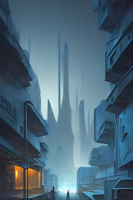 Image similar to emissary futuristic cityscape with blue street lamps, windows lit, stone marble sculptures in a courtyard, by tim blandin and arthur haas and bruce pennington and john schoenherr, cinematic matte painting, zaha hadid building, photo realism, dark moody color palate, blue hour stars, desolate glacial landscape,