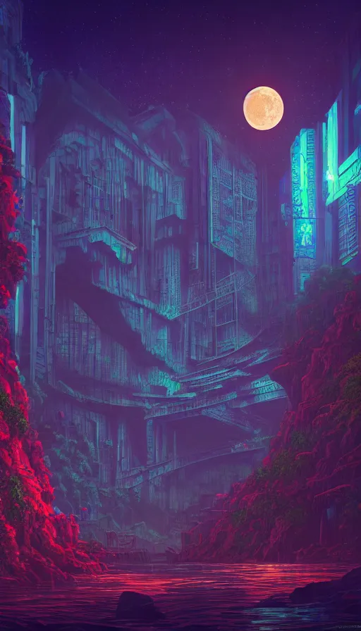 Image similar to reclaimed by nature by moon hoon, darkacademia atlantis cosmic san andreas at dawn neon signs tokyo synthwave universe, archdaily, wallpaper, highly detailed, trending on artstation.