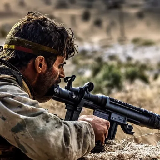 Image similar to kurdish ypg sniper in a movie directed by christopher nolan, movie still frame, promotional image, imax 7 0 mm footage, 8 k uhd