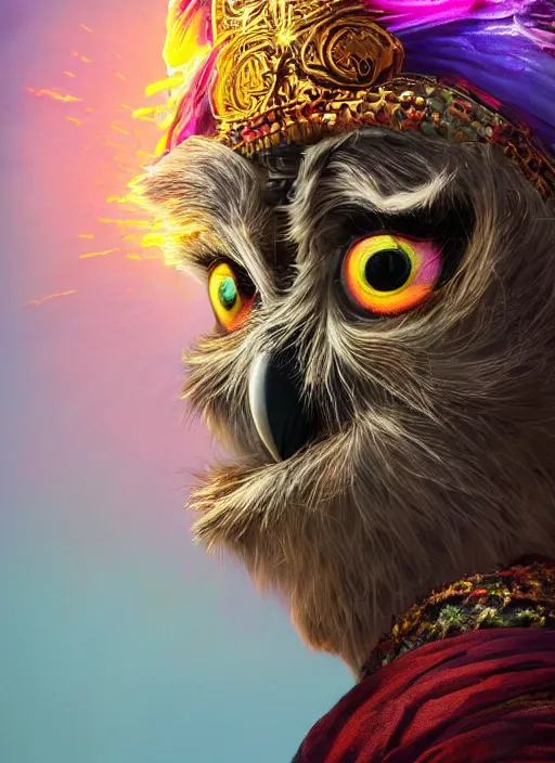 Image similar to an anthropomorphic beautiful goddess male wizard made of owl portrait holding a staff wearing colourful robe, fine art, award winning, intricate, elegant, sharp focus, octane render, hyperrealistic, cinematic lighting, highly detailed, digital painting, 8 k concept art, art by jamie hewlett and z. w. gu, masterpiece, trending on artstation, 8 k