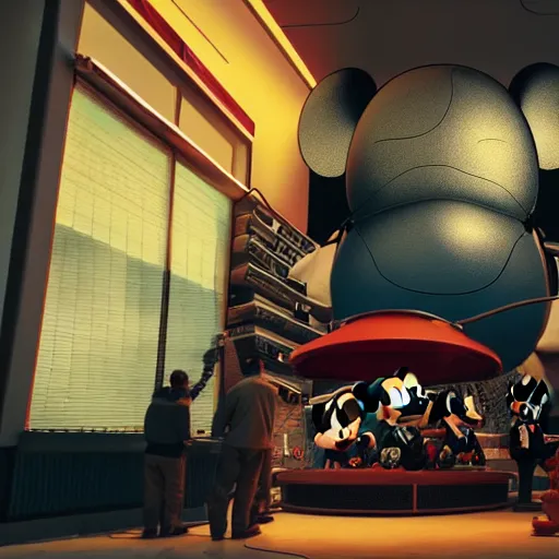 Image similar to giant mickey mouse being operated on by several workers, large octane render, dark beeple art, incredible detail, netflix logo in background, dark studio, dystopian atmosphere, gigantic micky mouse statue being worked on,