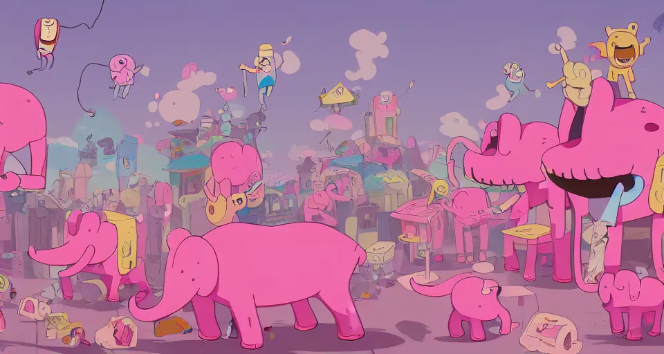 Image similar to cartoon pink elephants having a party, in the style of adventure time, the amazing world of gumball, pixar, toki doki, greg rutkowski and makoto shinkai, trending on artstation