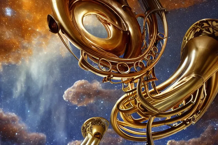 Image similar to a huge flock of many intricate elegant french horn tuba cloud filigreed cloud sculptures, art nouveau redwood forest environment, soothing, milky way, award winning art, epic dreamlike fantasy landscape, ultra realistic,