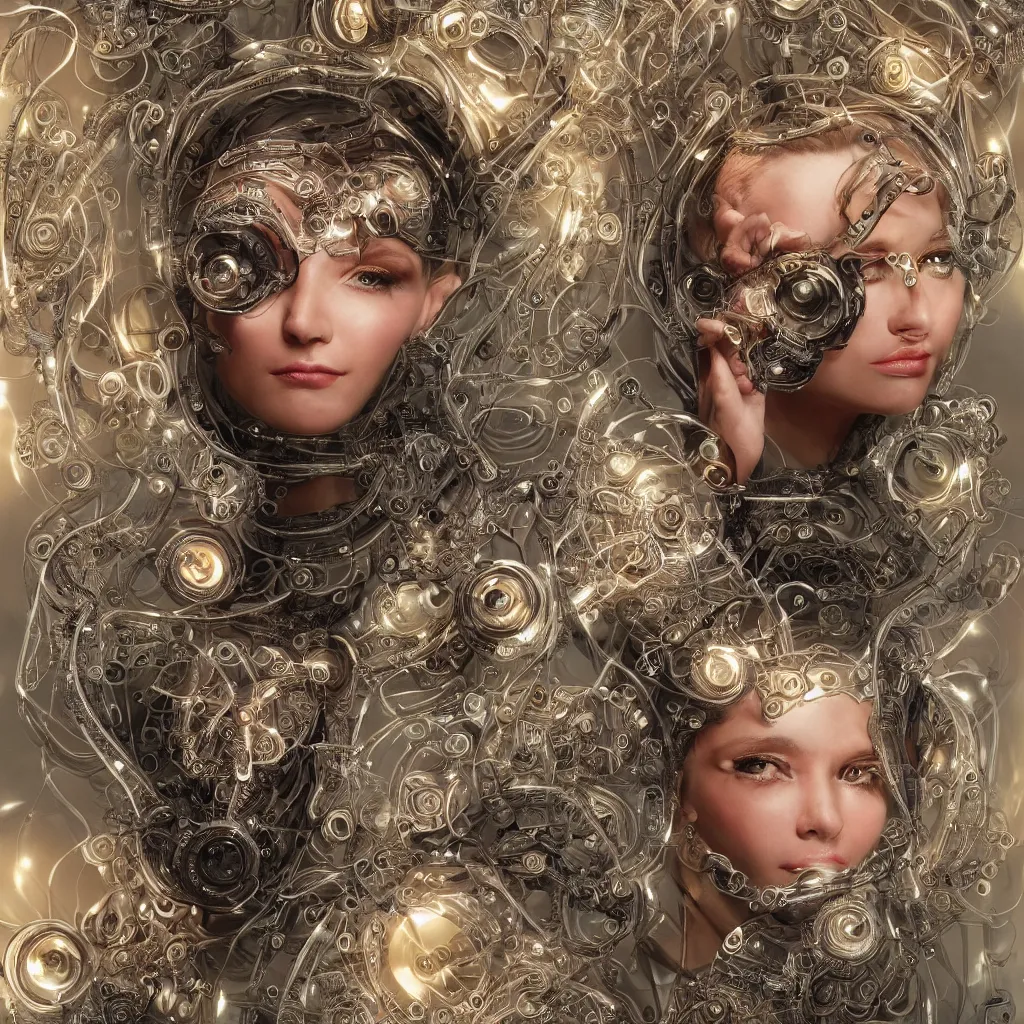 Image similar to very beautiful woman integrating with technology, full face frontal, portrait, insipiring, detailed intricate ornate cables connected to head, big open electric eyes, luxurious detailed abundent wiring and implants, diamonds, sci-fi, neon, emeralds, detailed technology full background, highly detailed, artstation, Rene Lalique and Eddie Mendoza and Gil Elvgren