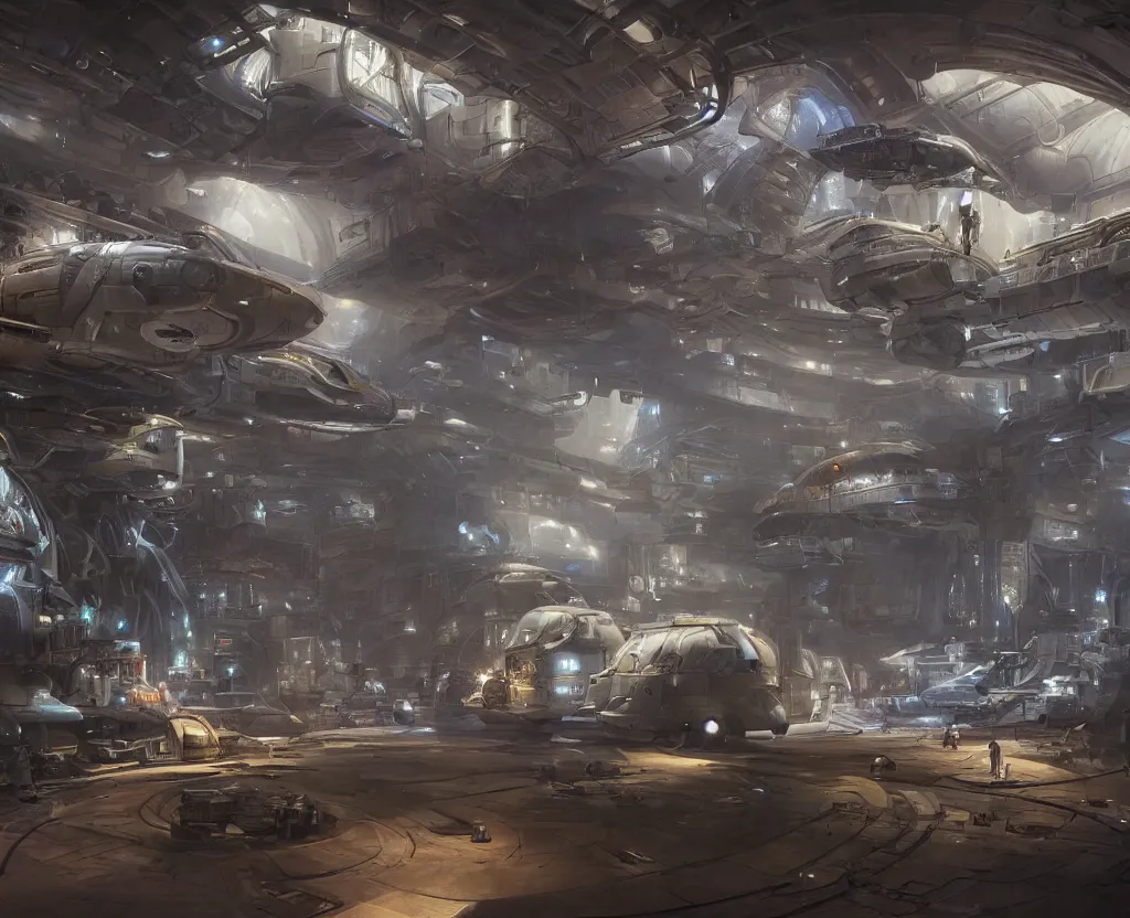 Prompt: the inside of a futuristic mechanic spaceshop, spaceship being repaired, highly detailed interior, holographic screen in center frame by peter mohrbacher and craig mullins, dieselpunk, cyberpunk, firefly, cryengine render, hyper realism, realistic shading, cinematic composition, realistic render, octane render, detailed textures, photorealistic