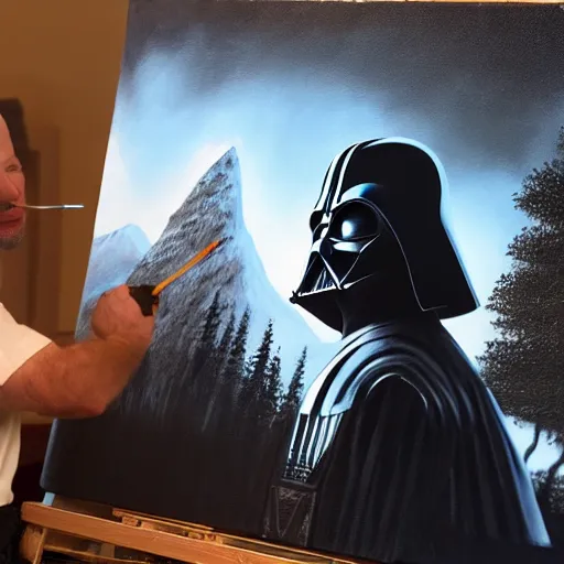 Image similar to a closeup photorealistic photograph of bob ross working on a canvas painting of darth vader. film still. brightly lit scene. mountains and trees. this 4 k hd image is trending on artstation, featured on behance, well - rendered, extra crisp, features intricate detail, epic composition and the style of unreal engine.