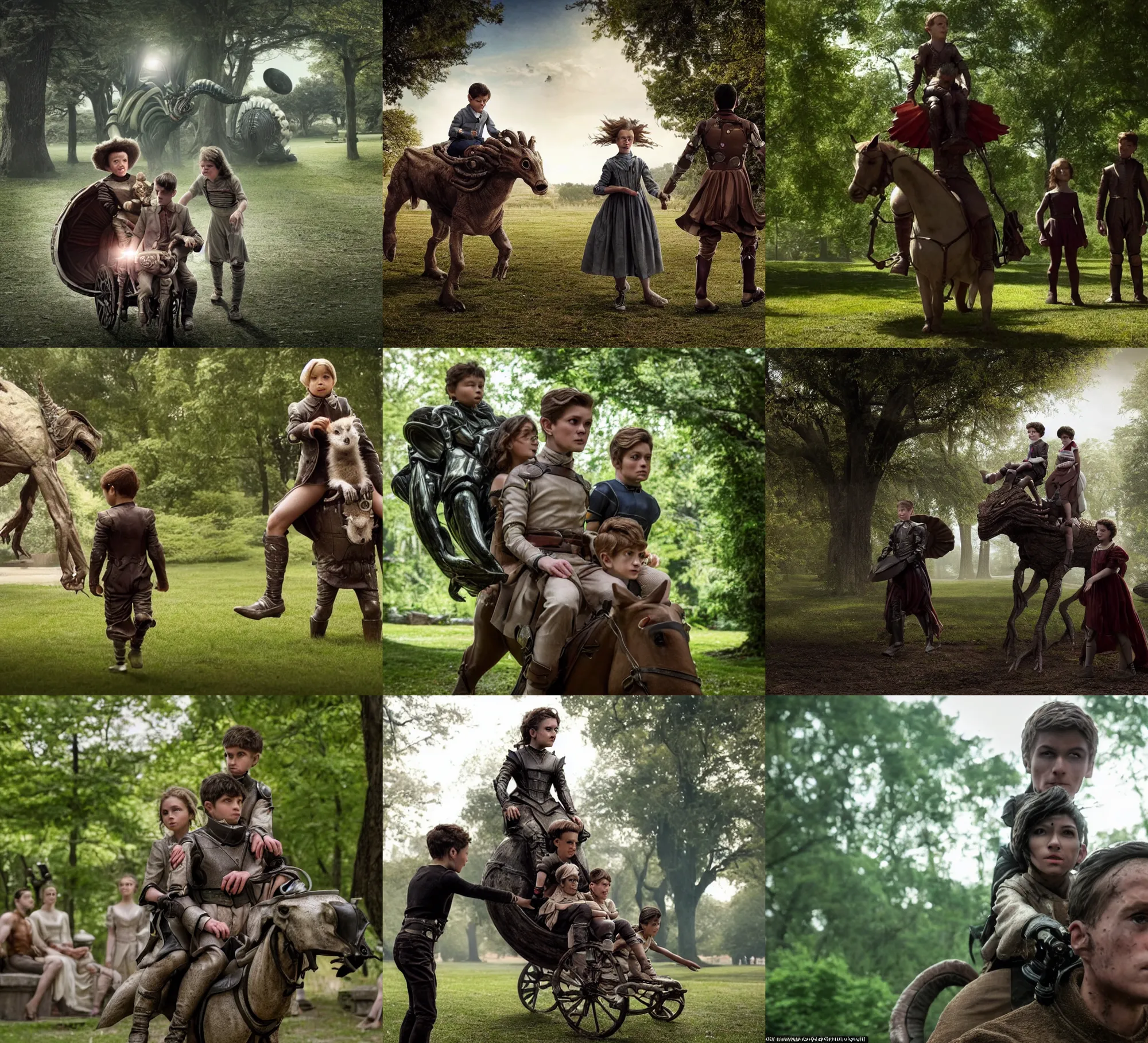 Image similar to sharp, highly detailed, film from a 2 0 1 9 sci fi 8 k movie, time travelers appear in a park, a boy from the roman empire and a girl riding on the back of a small alien creature from an alternate 1 8 5 0, each wearing correct era clothes, atmospheric lighting, in focus, reflective eyes, 3 5 mm macro lens, nice composition