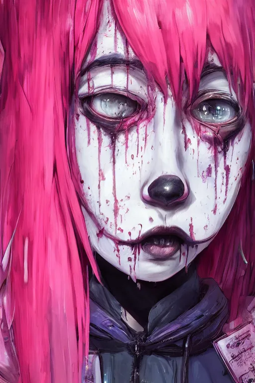 Image similar to by kyoto animation, very creepy clown girl pink hair, tears from the eyes, wearing cyberpunk intricate streetwear, beautiful, detailed portrait, intricate complexity, ilya kuvshinov, cell shaded, 4 k, concept art, by wlop, ilya kuvshinov, greg rutkowski, sharp focus, volumetric lighting, cinematic lighting