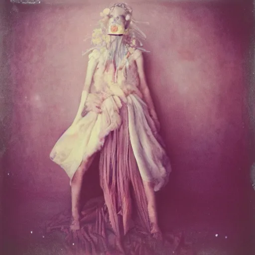 Prompt: kodak portra 4 0 0, wetplate, photo of a surreal artsy dream scene,, girl, weird fashion, grotesque, extravagant dress, carneval, animal, wtf, photographed by paolo roversi style
