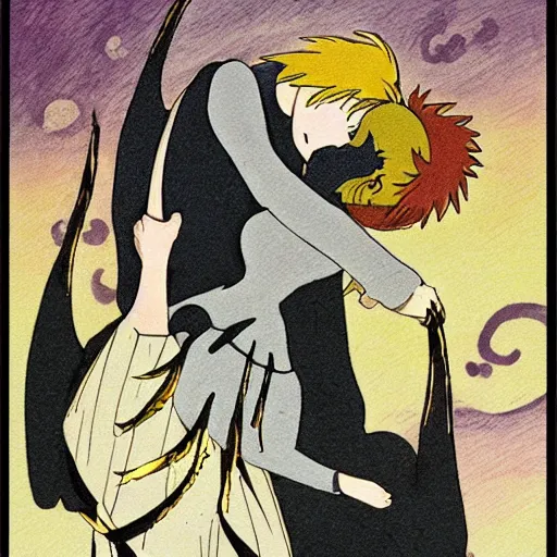 Prompt: ghibli style illustration of the personification of light and the personification of darkness kissing