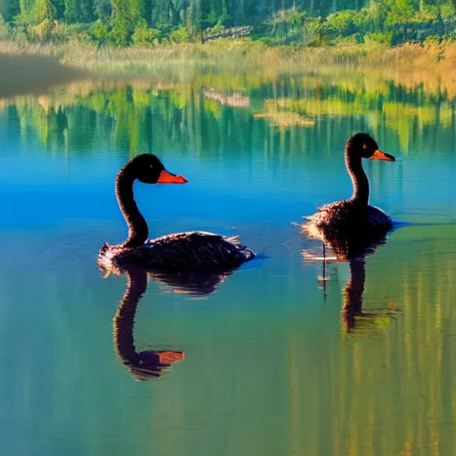 Image similar to photo of two black swans touching heads in a beautiful reflective mountain lake, a colorful hot air balloon is flying above reflecting off water, hot air balloon, intricate, 8k highly professionally detailed, centered, HDR, CGsociety