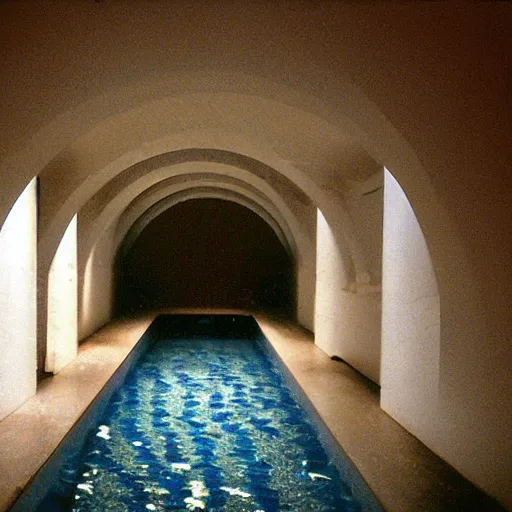 Image similar to Beautiful Fuzzy wide-eye-lens 15mm, harsh flash, cameraphone 2002, Photograph of an tiled infinite foggy foggy foggy liminal pool pool hallway hallway hallway with archways and water on the floor