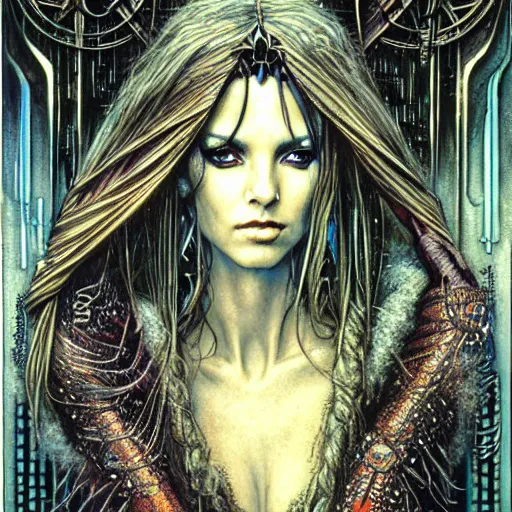 Image similar to a portrait of a female art nouveau cyberpunk shaman by ted nasmith and luis royo