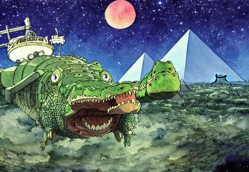 Image similar to a hyperrealist watercolor concept art from a studio ghibli film showing a giant mechanized crocodile from howl's moving castle ( 2 0 0 4 ). a pyramid is under construction in the background, in the rainforest on a misty and starry night. a ufo is in the sky. by studio ghibli