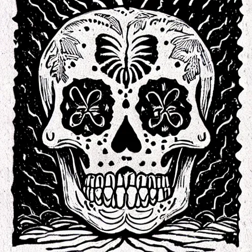 Prompt: “ sugar skull woodcut by mc escher and hp lovecraft ”